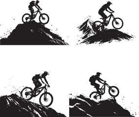 Naklejka premium Mountain bikers climbing the mountain silhouettes