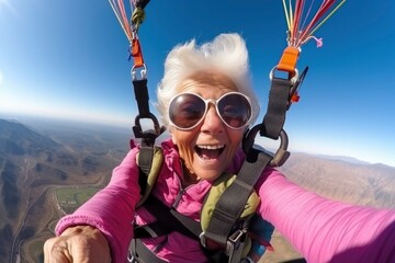 Gray-haired elderly grandmother smiles widely and takes a selfie while jumping with a parachute in the air. Cool modern pensioners extreme sports, cheerful old age