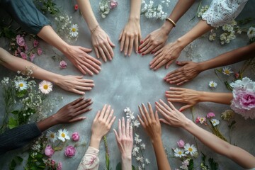 Diverse hands of women arranged in a circle on a soft surface with delicate white flowers, symbolizing unity and beauty