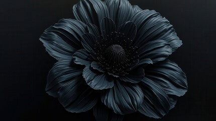 A dramatic close-up of a black flower with intricate petals, set against a dark background, evoking mystery and sophistication.  

