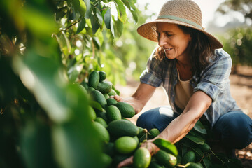 Mature woman farmer harvesting ripe avocados on plantation. Organic healthy avocado fruit, healthy food. Hands close-up picking avocado