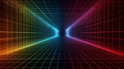 Abstract background color graph wire frame grid layout with dynamic light and shadow patterns in 3D perspective view on black background 