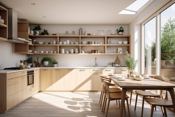 Kitchen interior in eco style. Scandinavian kitchen interior with wooden natural elements, ceramic dishes. Bright lighting