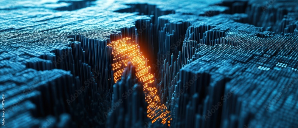 Poster digital canyon: a glowing path through abstract data