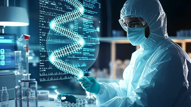 A futuristic lab environment where a scientist in full protective gear reaches toward a hovering D DNA helix surrounded by floating data points and molecular graphics