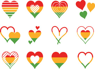 Heart drawing set in red, yellow, green. color for african american flag, juneteenth and black history month.