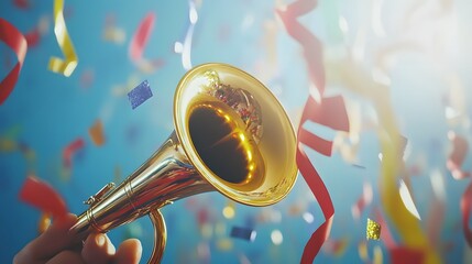A golden trumpet held up against a vibrant blue background with colorful confetti flying around. The scene is celebratory and joyful, suggesting a festive occasion.