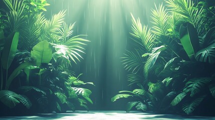 Naklejka premium Lush tropical rainforest with sunlight filtering through the canopy and falling rain