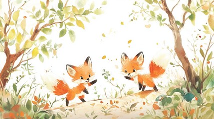 Adorable baby foxes frolic and play in a whimsical watercolor illustration. Their playful antics and irresistible charm come to life in vibrant hues and delicate brushstrokes
