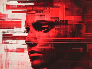 Abstract Red Face Digital Glitch Art. AI Generated