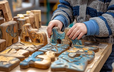 Child's hands assembling colorful wooden puzzle pieces on a table.