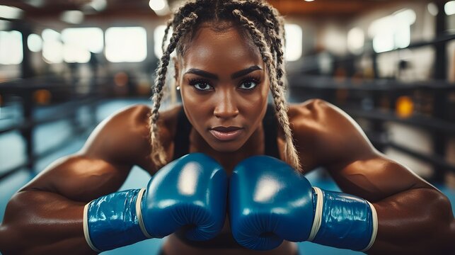 Close-up of a focused female boxer with braided hair, wearing blue boxing gloves, ready for a fight in a boxing ring.  Strong and determined expression. - Powered by Adobe
