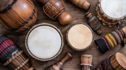 An ensemble of diverse wooden percussion instruments lies artistically arranged on a rustic wooden surface, showcasing rich cultural heritage.
