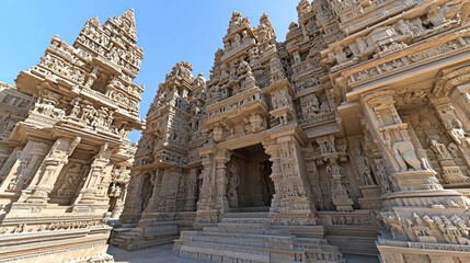 Ornate Indian temple complex sunny day, detailed carvings, tourism
