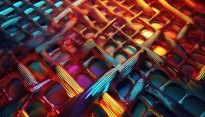 Vibrant Gradient Colors Meet Intricate 3D Geometric Pattern with Connected Metal Dots Striking Abstraction in Contemporary Art