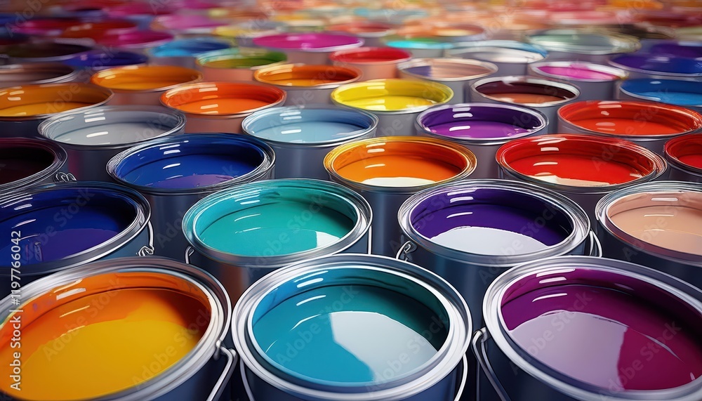 Aufkleber 3d artwork showcasing a stacked array of paint buckets in vivid colors and textures, depicting a mod