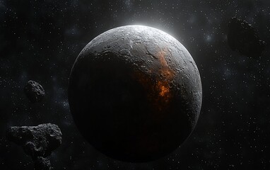 Obraz premium Volcanic planet in space with asteroids.