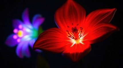 A striking image of luminous red and purple flowers glowing against a dark background, creating a vibrant and surreal atmosphere.  
