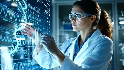 A female doctor in a pristine lab analyzing a detailed holographic DNA structure, with layered medical data and genetic markers highlighted on a futuristic screen - Powered by Adobe
