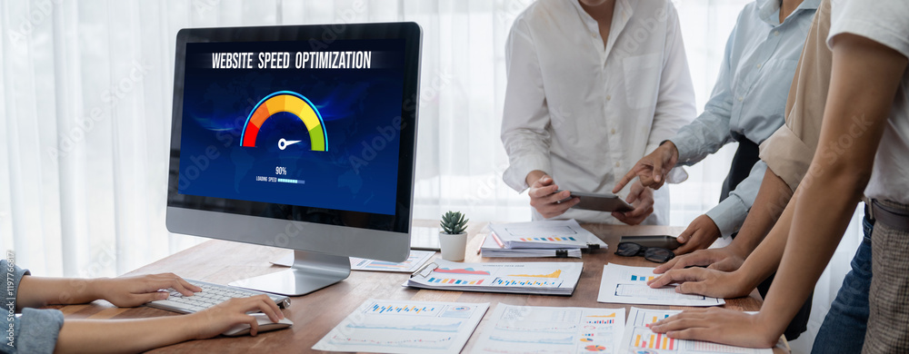 Aufkleber Computer software evaluating website loading speed. Concept of improving website loading speed brisk.