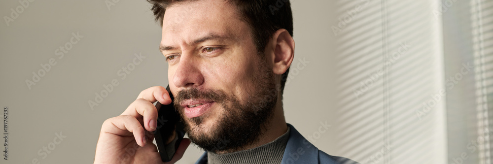Aufkleber header of confident manager with smartphone by ear speaking to colleague while organizing work in fr