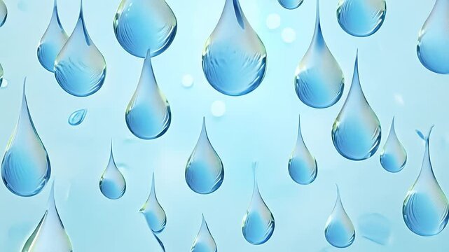 Natural light tracking video, seamless vector pattern featuring repeating water droplet shapes in various shades of blue, the droplets gently ripple