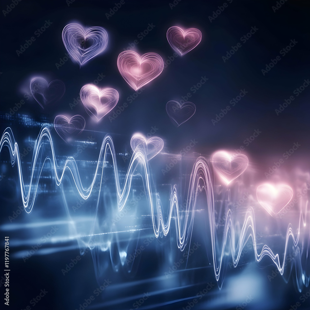 Poster heartbeat graph with light transparent hearts floating above