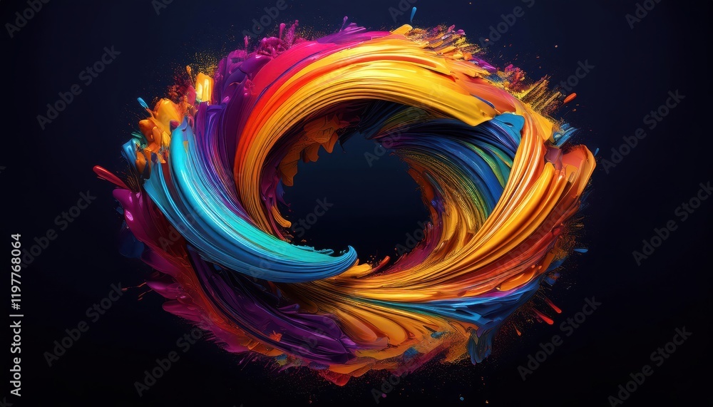 Poster vibrant abstract art colorful curls and splatters forming a round shape, showcasing intricate brushw
