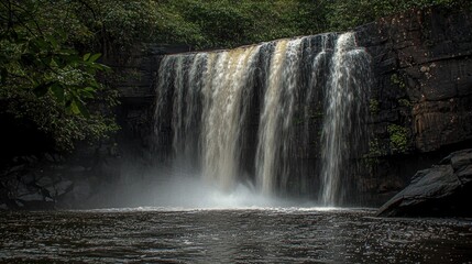Obraz premium Jungle Waterfall Cascade, Lush Foliage, Mist, Travel Poster