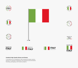Made in Italy Stamps, Flag, Tags, labels, Seals, Icons. Creative Designs for Branding and Packaging