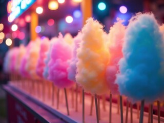 Naklejka premium This image shows colorful cotton candy on sticks, displayed in a vibrant, festive setting.