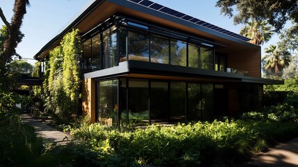 Fototapeta premium Modern Eco-Friendly House with Lush Greenery and Solar Panels