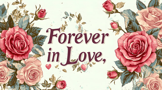Romantic card with "Forever in Love" rose motifs