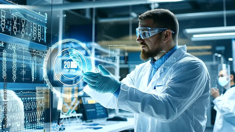 Poster a futuristic research lab scene with a scientist interacting with a hovering dna model, wearing prot