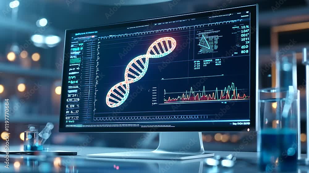 Poster a glowing holographic dna helix rotates in sync with a computer screen showing a colorful heartbeat 