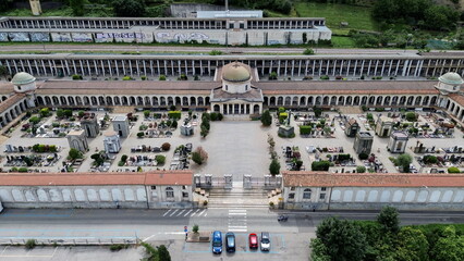 aerial view of Monumental cemetery of Como city with Lake in background