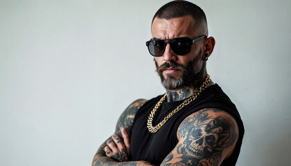Obraz premium Tattooed Mexican drug trafficker exudes confidence and danger with a muscular build and intense gaze.