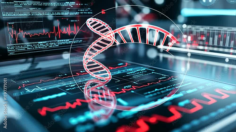 Poster a high-tech laboratory filled with illuminated dna models, with a rotating helix taking center stage