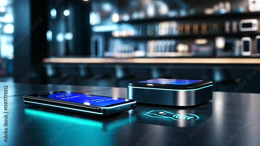 Poster a glowing nfc-enabled terminal and a smartphone in mid-transaction, with a modern store counter feat