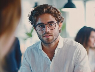 Stylish Man with Glasses, Beard, and Tattoo in a Modern Restaurant