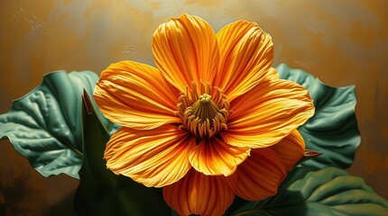 A detailed close-up of a radiant orange flower in full bloom, surrounded by lush green leaves and a warm background.  
