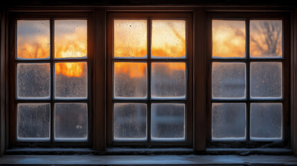 Fototapeta premium Frosted windows capturing winter sunset, atmospheric interior view
