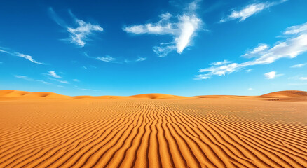 Naklejka premium A breathtaking view of a vast desert landscape featuring golden sand dunes under a clear blue sky, creating a tranquil and serene atmosphere perfect for nature lovers.