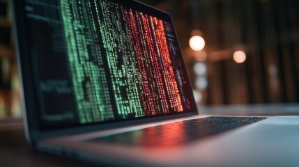 A laptop screen emits a soft glow, displaying complex, colorful code in red and green, hinting at a late-night programming session.
