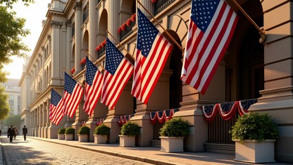 Naklejka premium A historic building adorned with American flags, elegant arches, and cobblestone streets under golden sunlight. A vibrant display of patriotism and heritage for Presidents Day.