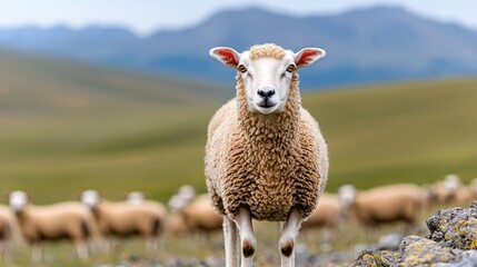 Fototapeta premium Sheep gazing, mountain pasture, flock background, rural scene, livestock farming image