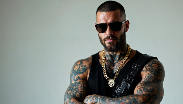 Tattooed Mexican drug trafficker exudes confidence and danger with a muscular build and intense gaze.

 - Powered by Adobe