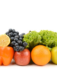 Set of vegetables and fruits isolated on a white. Free space for text. Vertical photo.