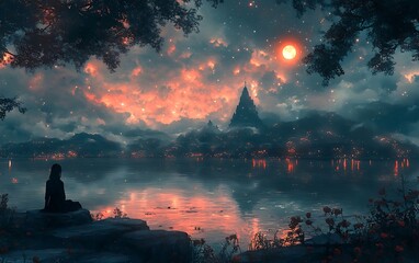Fantasy Cityscape Lakeside Artwork