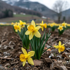 Obraz premium A picturesque scene of bright yellow daffodils growing in a rustic field with a mountain view in the background, showcasing the beauty of spring. 